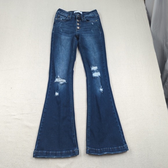 KanCan Denim - Kancan Jeans Womens 26 Blue Petite Flare Stretch Casual Distressed Button Fly